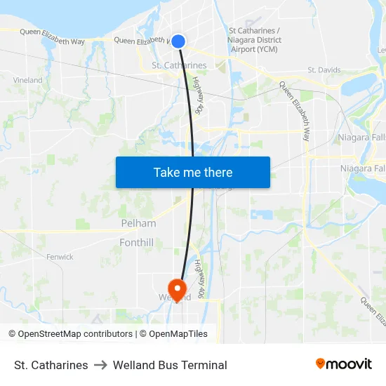 St. Catharines to Welland Bus Terminal map