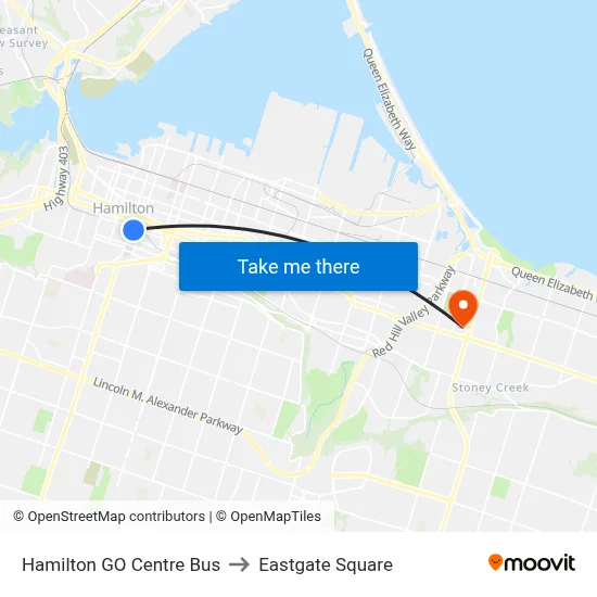 Hamilton GO Centre Bus to Eastgate Square map