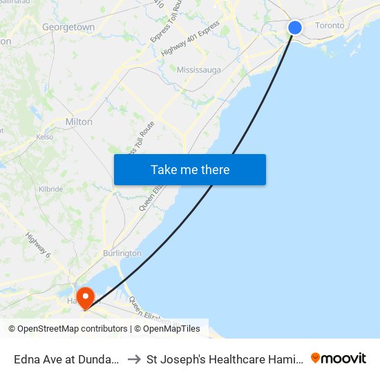 Edna Ave at Dundas St West to St Joseph's Healthcare Hamilton Charlton map