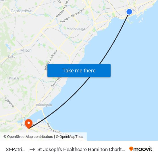 St-Patrick to St Joseph's Healthcare Hamilton Charlton map