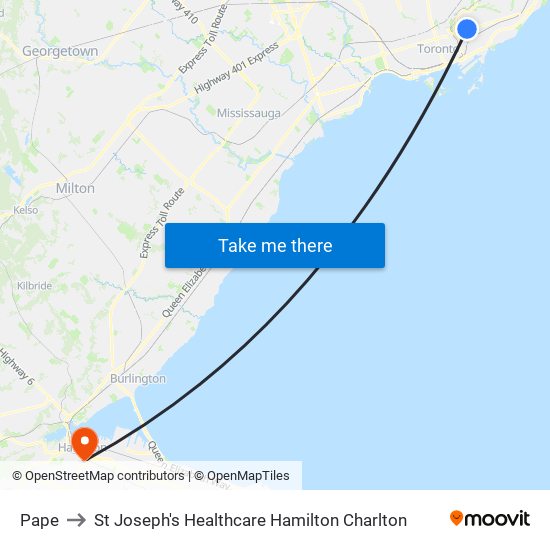 Pape to St Joseph's Healthcare Hamilton Charlton map