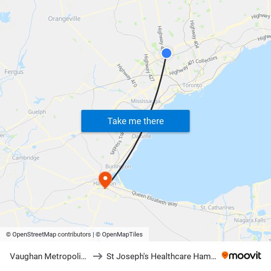 Vaughan Metropolitan Centre to St Joseph's Healthcare Hamilton Charlton map