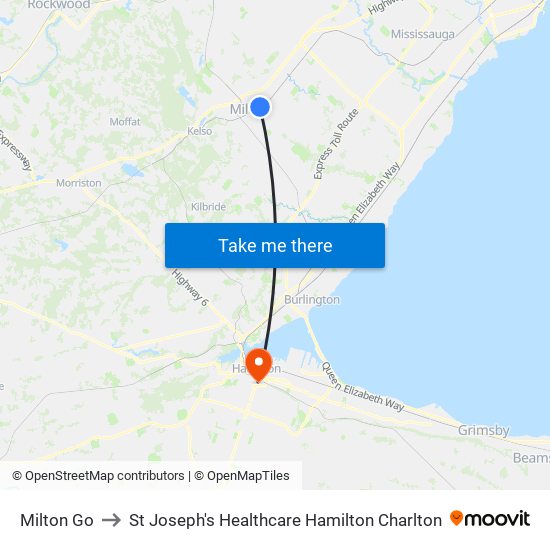 Milton Go to St Joseph's Healthcare Hamilton Charlton map