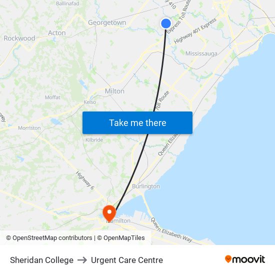 Sheridan College to Urgent Care Centre map