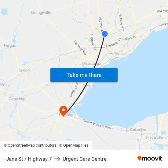 Jane St / Highway 7 to Urgent Care Centre map