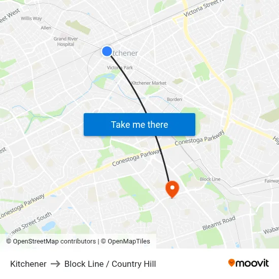 Kitchener to Block Line / Country Hill map