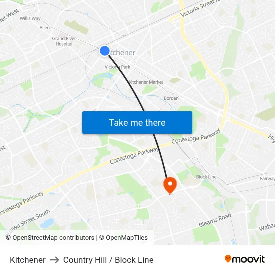 Kitchener to Country Hill / Block Line map