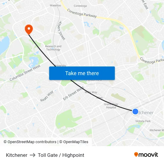 Kitchener to Toll Gate / Highpoint map