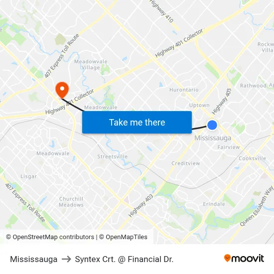 Mississauga to Syntex Crt. @ Financial Dr. map