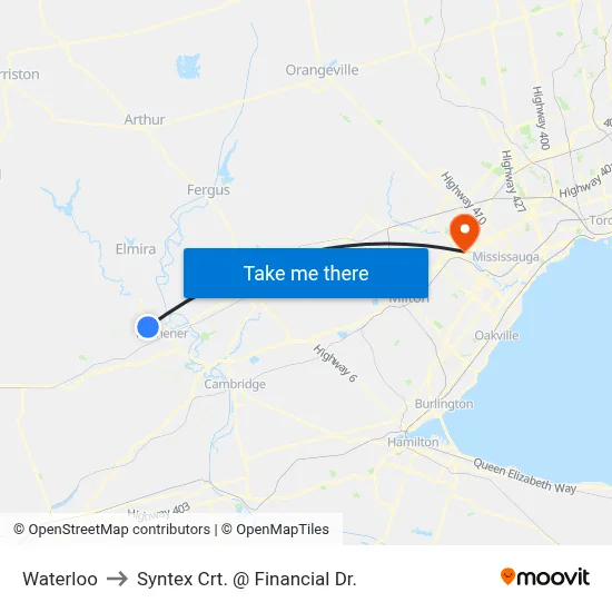 Waterloo to Syntex Crt. @ Financial Dr. map