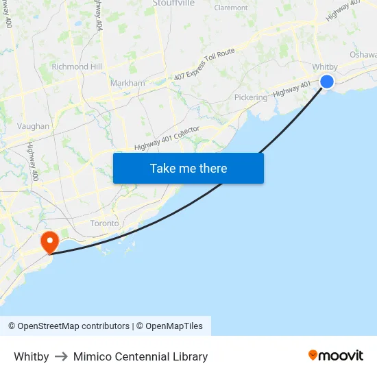 Whitby to Mimico Centennial Library map