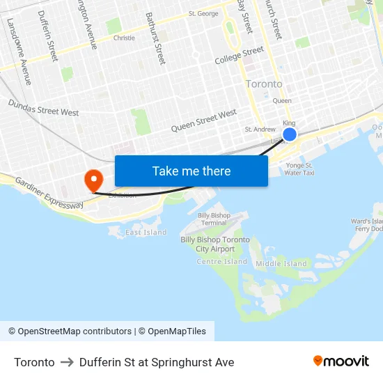 Toronto to Dufferin St at Springhurst Ave map