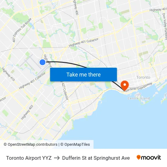 Toronto Airport YYZ to Dufferin St at Springhurst Ave map