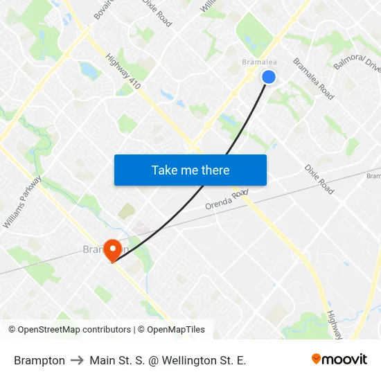 Brampton to Main St. S. @ Wellington St. E. map