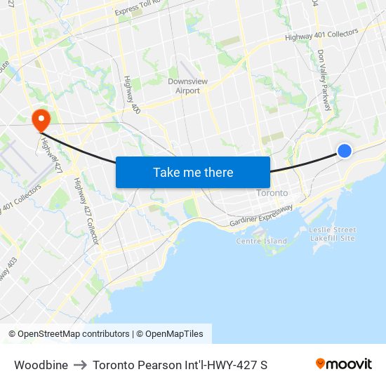 Woodbine to Toronto Pearson Int'l-HWY-427 S map