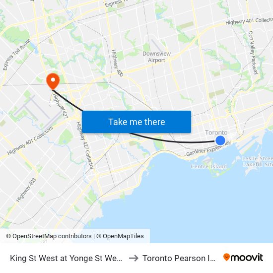 King St West at Yonge St West Side - King Station to Toronto Pearson Int'l-HWY-427 S map