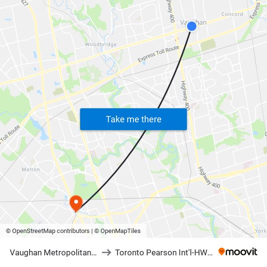 Vaughan Metropolitan Centre to Toronto Pearson Int'l-HWY-427 S map