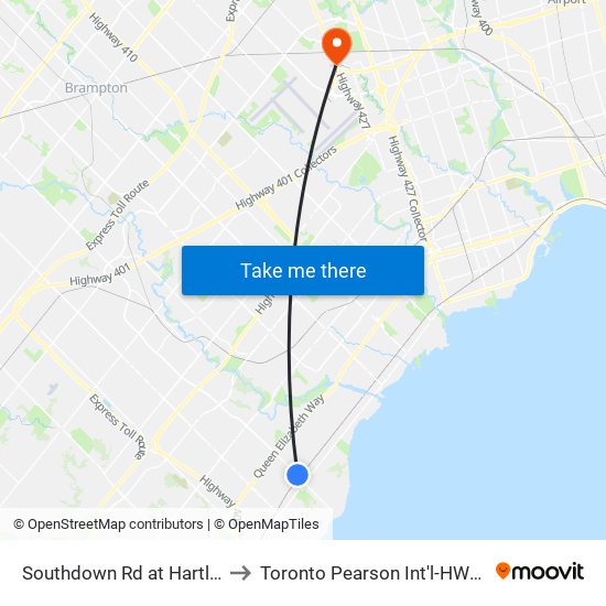 Southdown Rd at Hartland Dr to Toronto Pearson Int'l-HWY-427 S map