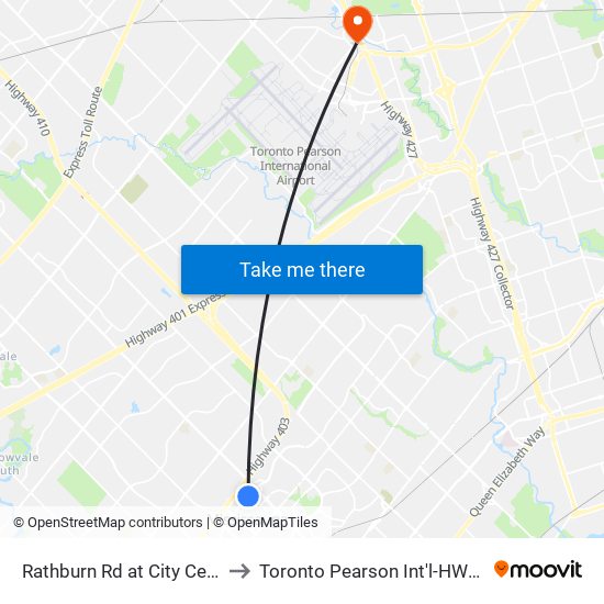 Rathburn Rd at City Centre Dr to Toronto Pearson Int'l-HWY-427 S map