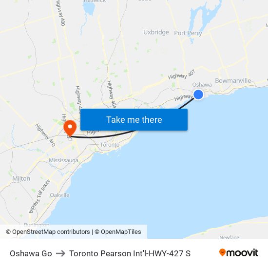 Oshawa Go to Toronto Pearson Int'l-HWY-427 S map