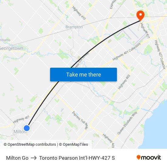 Milton Go to Toronto Pearson Int'l-HWY-427 S map