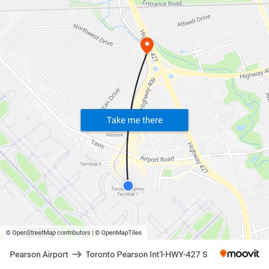 Pearson Airport to Toronto Pearson Int'l-HWY-427 S map