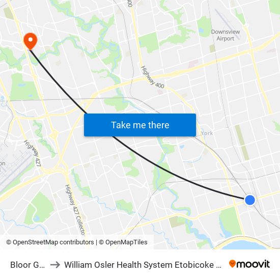 Bloor Go/Up to William Osler Health System Etobicoke General Hospital map