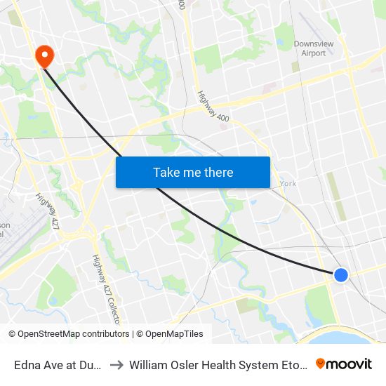 Edna Ave at Dundas St West to William Osler Health System Etobicoke General Hospital map