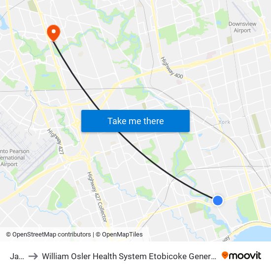 Jane to William Osler Health System Etobicoke General Hospital map