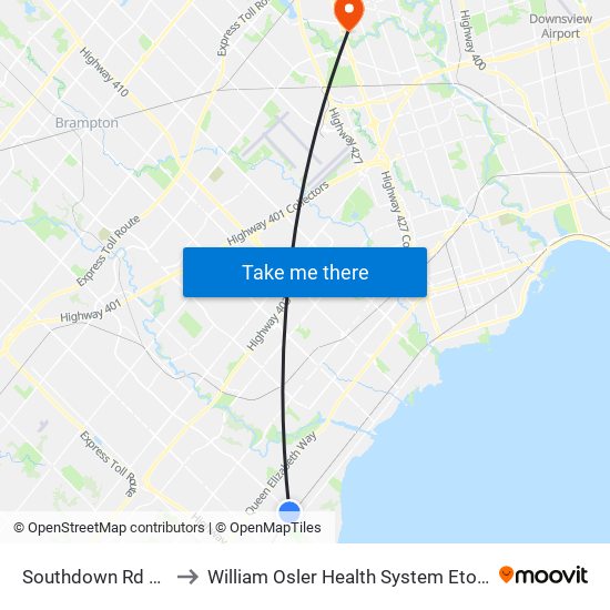 Southdown Rd at Hartland Dr to William Osler Health System Etobicoke General Hospital map