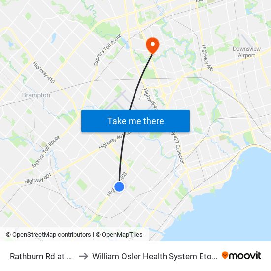 Rathburn Rd at City Centre Dr to William Osler Health System Etobicoke General Hospital map