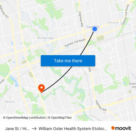 Jane St / Highway 7 to William Osler Health System Etobicoke General Hospital map