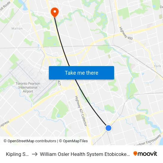 Kipling Station to William Osler Health System Etobicoke General Hospital map
