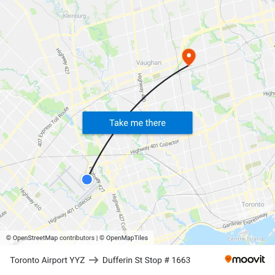 Toronto Airport YYZ to Dufferin St Stop # 1663 map