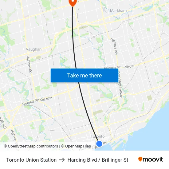Toronto Union Station to Harding Blvd / Brillinger St map
