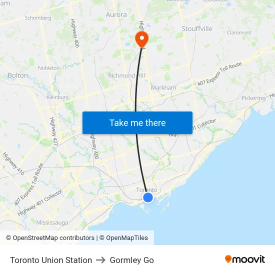 Toronto Union Station to Gormley Go map