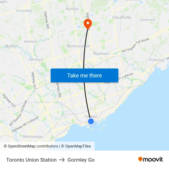 Toronto Union Station to Gormley Go map