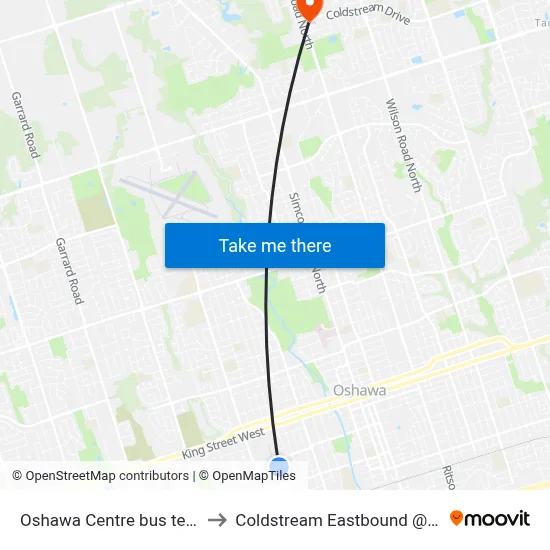 Oshawa Centre bus terminal to Coldstream Eastbound @ Ritson map