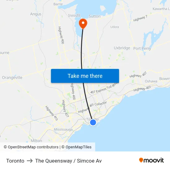 Toronto to The Queensway / Simcoe Av map