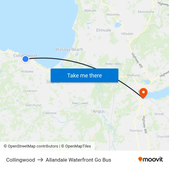 Collingwood to Allandale Waterfront Go Bus map