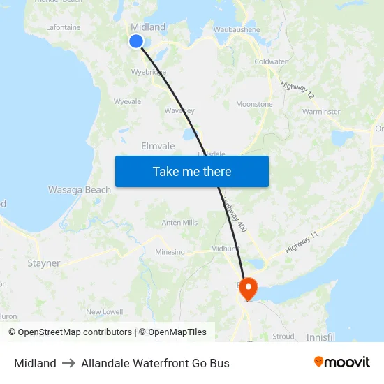 Midland to Allandale Waterfront Go Bus map