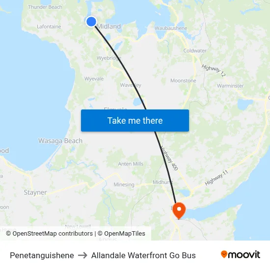 Penetanguishene to Allandale Waterfront Go Bus map