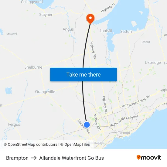 Brampton to Allandale Waterfront Go Bus map