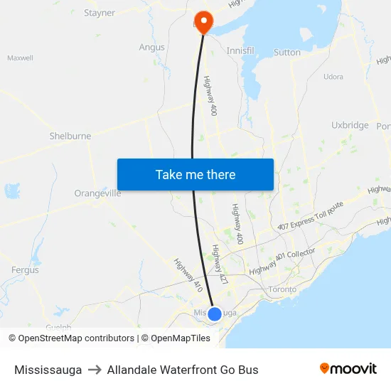 Mississauga to Allandale Waterfront Go Bus map