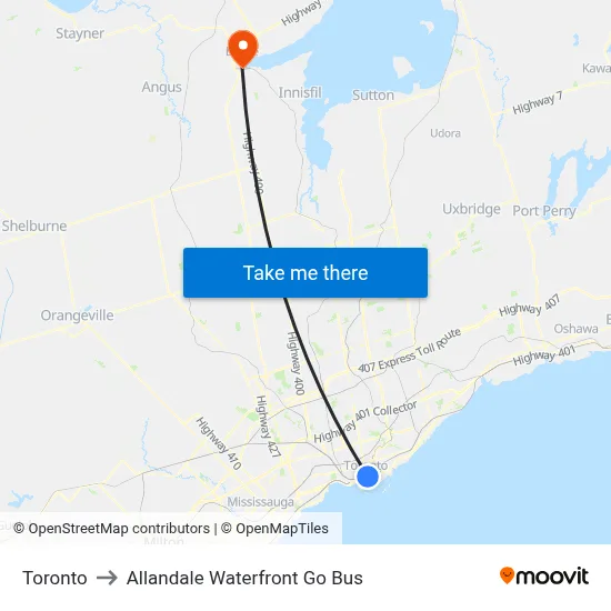 Toronto to Allandale Waterfront Go Bus map