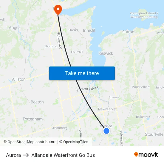 Aurora to Allandale Waterfront Go Bus map
