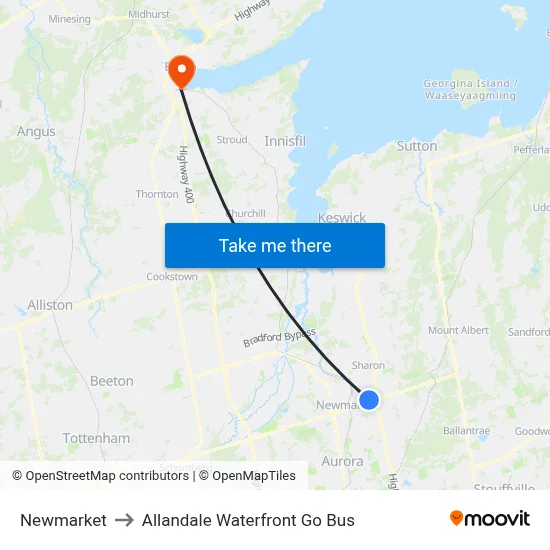 Newmarket to Allandale Waterfront Go Bus map