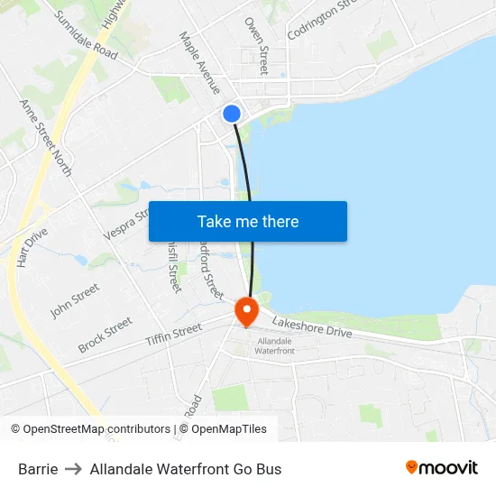 Barrie to Allandale Waterfront Go Bus map