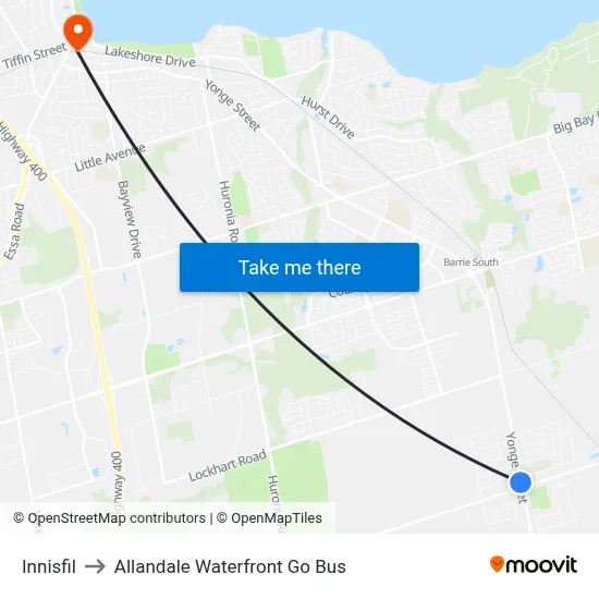 Innisfil to Allandale Waterfront Go Bus map