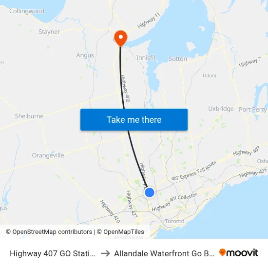 Highway 407 GO Station to Allandale Waterfront Go Bus map